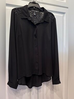 Forever 21 Black Button-Down Blouse with Lace Shoulders